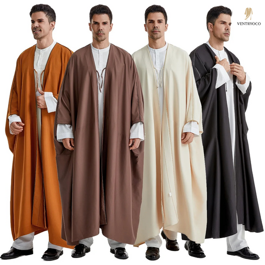 Four men wearing long, thobes in different colors on a white background.